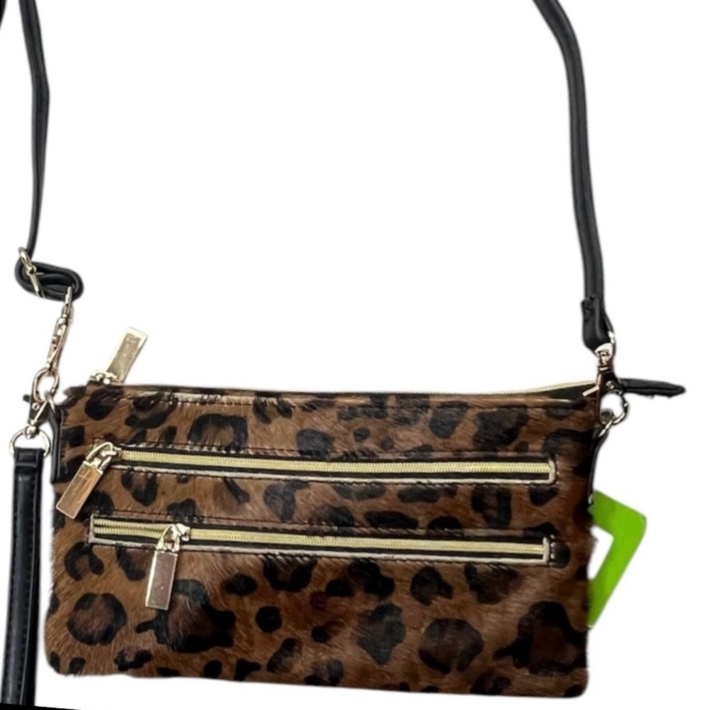 Kelly & Katie Brown Leopard Print Crossbody Bag with Black Strap